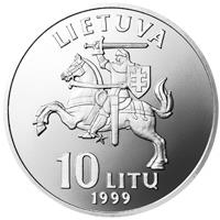 Lithuania coin 10 Litų - Lithuanian Cities - Kaunas (1999) obverse obverse of 10 Litų - Lithuanian Cities - Kaunas (1999) coin with KM# 116 from Lithuania. Inscription: LIETUVA 10 LITŲ 1999
