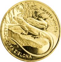 reverse of 2 Złote - Animals of the World: European green lizard (Lacerta viridis) (2009) coin with Y# 678 from Poland. Inscription: Lacerta viridis JASZCZURKA ZIELONA