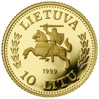 Lithuania coin 10 Litų - The Smallest Gold Coins of the World. History of Gold (1999) obverse obverse of 10 Litų - The Smallest Gold Coins of the World. History of Gold (1999) coin with KM# 120 from Lithuania. Inscription: LIETUVA 1999 10 LITŲ