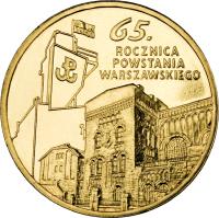 Poland coin 2 Złote - 65th Anniversary of the Warsaw Uprising - Warsaw-born poets (K. K. Baczyński and T. Gajcy) (2009) reverse reverse of 2 Złote - 65th Anniversary of the Warsaw Uprising - Warsaw-born poets (K. K. Baczyński and T. Gajcy) (2009) coin with Y# 687 from Poland. Inscription: 65. ROCZNICA POWSTANIA WARSZAWSKIEGO