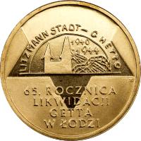 Poland coin 2 Złote - 65th Anniversary of the Liquidation of the Lodz Ghetto (2009) reverse reverse of 2 Złote - 65th Anniversary of the Liquidation of the Lodz Ghetto (2009) coin with Y# 692 from Poland. Inscription: LITZMANN STADT - GHETTO 1940 1944 65. ROCZNICA LIKWIDACII GETTA W ŁODZI
