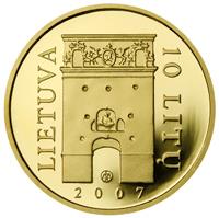 Lithuania coin 10 Litų - Gate of Dawn (Ostra Brama) (2007) obverse obverse of 10 Litų - Gate of Dawn (Ostra Brama) (2007) coin with KM# 160 from Lithuania. Inscription: LIETUVA 10 LITŲ 2007