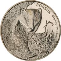 Poland coin 2 Złote - Animals of the World – European Badger (Meles meles) (2011) reverse reverse of 2 Złote - Animals of the World – European Badger (Meles meles) (2011) coin with Y# 762 from Poland. Inscription: BORSUK Meles meles