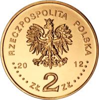 obverse of 2 Złote - Bolesław Prus (2012) coin with Y# 838 from Poland. Inscription: RZECZPOSPOLITA POLSKA 20 12 ZŁ 2 ZŁ