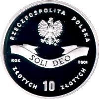 obverse of 10 Złotych - 100th centenary of Priest Cardinal Stefan Wyszyński's birth (2001) coin with Y# 419 from Poland.