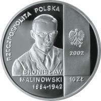 Poland coin 10 Złotych - Polish Travellers and Explorers: Bronisław Malinowski (1884-1942) (2002) obverse obverse of 10 Złotych - Polish Travellers and Explorers: Bronisław Malinowski (1884-1942) (2002) coin with Y# 432 from Poland. Inscription: RZECZPOSPOLITA POLSKA 2002 BRONISŁAW MALINOWSKI 10 ZŁ 1884-1942