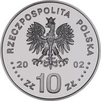 obverse of 10 Złotych - Polish Kings and Princes: August II the Strong (1697-1706, 1709-1733) (2002) coin with Y# 450 from Poland. Inscription: RZECZPOSPOLITA POLSKA 2002 ZŁ 10 ZŁ