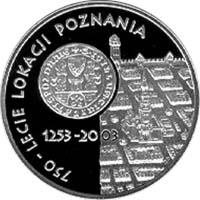 Poland coin 10 Złotych - 750th anniversary of the granting municipal rights to Poznań (2003) reverse reverse of 10 Złotych - 750th anniversary of the granting municipal rights to Poznań (2003) coin with Y# 448 from Poland. Inscription: 750-LECIE LOKACJI POZNANIA 1253-2003