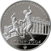 reverse of 10 Złotych - XXVIIIth Olympic Games - Athens 2004 (2004) coin with Y# 517 from Poland. Inscription: IGRZYSKA XXVIII OLIMPIADY ATENY 2004