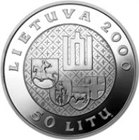 obverse of 50 Litų - The Rulers of Lithuania - Vytautas, the Grand Duke of Lithuania (2000) coin with KM# 125 from Lithuania. Inscription: LIETUVA 2000 50 LITŲ