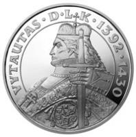 reverse of 50 Litų - The Rulers of Lithuania - Vytautas, the Grand Duke of Lithuania (2000) coin with KM# 125 from Lithuania. Inscription: VYTAUTAS · D · L · K · 1392 · 1430