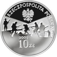 obverse of 10 Złotych - 60th Anniversary of the Ending of World War Two (2005) coin with Y# 554 from Poland. Inscription: RZECZPOSPOLITA POLSKA 2005 10 zł.
