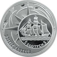 Poland coin 10 Złotych - History of the Polish Zloty: Sailing Vessel - 2 zloty and 5 zloty of 1936 issue (2005) reverse reverse of 10 Złotych - History of the Polish Zloty: Sailing Vessel - 2 zloty and 5 zloty of 1936 issue (2005) coin with Y# 568 from Poland. Inscription: 5 ZŁOTYCH 5 DZIEJE ZŁOTEGO