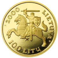 obverse of 100 Litų - The Rulers of Lithuania - Vytautas, the Grand Duke of Lithuania (2000) coin with KM# 126 from Lithuania. Inscription: 2000 LIETUVA 100 LITŲ