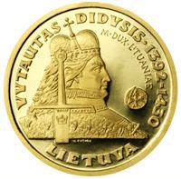 reverse of 100 Litų - The Rulers of Lithuania - Vytautas, the Grand Duke of Lithuania (2000) coin with KM# 126 from Lithuania. Inscription: VYTAUTAS DIDYSIS · 1392-1430 M · DUX · LITUANIAE LIETUVA