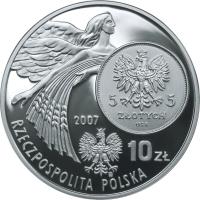 obverse of 10 Złotych - History of the Polish Zloty: 5 zloty of 1928 issue (Nike) (2007) coin with Y# 589 from Poland. Inscription: 5 ZŁOTYCH 5 ZŁOTYCH 1928 2007 10 Zł RZECZPOSPOLITA POLKA