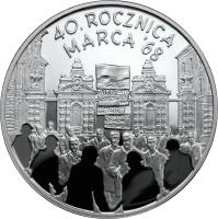 reverse of 10 Złotych - 40th Anniversary of March 1968 (2008) coin with Y# 632 from Poland. Inscription: 40. ROCZNICA MARCA 68