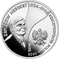 obverse of 10 Złotych - Zbigniew Herbert (1924-1998) (2008) coin with Y# 635 from Poland. Inscription: Zbigniew Herbert 1924-1998 RZECZPOSPOLITA POLSKA 2008 10ZŁ