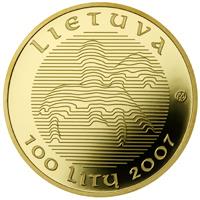 obverse of 100 Litų - Millennium of the mention of the name of Lithuania (2007) coin with KM# 158 from Lithuania. Inscription: LIETUVA 100 LITŲ 2007
