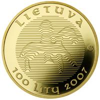 Lithuania coin 100 Litų - Millennium of the mention of the name of Lithuania (2007) obverse obverse of 100 Litų - Millennium of the mention of the name of Lithuania (2007) coin with KM# 158 from Lithuania. Inscription: LIETUVA 100 LITŲ 2007