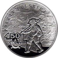 reverse of 10 Złotych - 450 Years of the Polish Postal Service (2008) coin with Y# 655 from Poland. Inscription: POCZTY POLSKIEJ 450 LAT