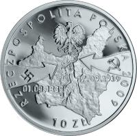Poland coin 10 Złotych - 70th Anniversary of the start of World War II (2009) obverse obverse of 10 Złotych - 70th Anniversary of the start of World War II (2009) coin with Y# 695 from Poland. Inscription: RZECZPOSPOLITA POLSKA 2009 10 ZŁ