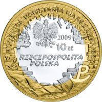 Poland coin 10 Złotych - 65th Anniversary of the Warsaw Uprising - Warsaw-born poets (K. K. Baczyński and T. Gajcy) (2009) obverse obverse of 10 Złotych - 65th Anniversary of the Warsaw Uprising - Warsaw-born poets (K. K. Baczyński and T. Gajcy) (2009) coin with Y# 689 from Poland.