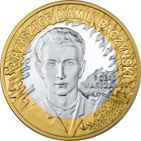 Poland coin 10 Złotych - 65th Anniversary of the Warsaw Uprising - Warsaw-born poets (K. K. Baczyński and T. Gajcy) (2009) reverse reverse of 10 Złotych - 65th Anniversary of the Warsaw Uprising - Warsaw-born poets (K. K. Baczyński and T. Gajcy) (2009) coin with Y# 689 from Poland.