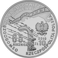 Poland coin 10 Złotych - 65th Anniversary of Liberation of KL Auschwitz-Birkenau (2010) obverse obverse of 10 Złotych - 65th Anniversary of Liberation of KL Auschwitz-Birkenau (2010) coin with Y# 713 from Poland. Inscription: OSWOBODZENIA KLAUSSCHWITZ-BIRKENAU RZECZPOSPOLITAPOLSKA