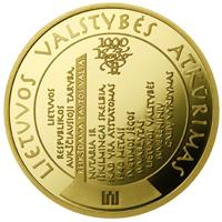 Lithuania coin 100 Litų - Millennium of the mention of the name of Lithuania (2009) reverse reverse of 100 Litų - Millennium of the mention of the name of Lithuania (2009) coin with KM# 166 from Lithuania. Inscription: LIETUVOS VALSTYBĖS ATKŪRIMAS