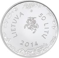obverse of 50 Litų - 300th anniversary of the birth of Kristijonas Donelaitis (2014) coin with KM# 204 from Lithuania. Inscription: LIETUVA 2014 50 LITŲ