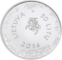 Lithuania coin 50 Litų - 300th anniversary of the birth of Kristijonas Donelaitis (2014) obverse obverse of 50 Litų - 300th anniversary of the birth of Kristijonas Donelaitis (2014) coin with KM# 204 from Lithuania. Inscription: LIETUVA 2014 50 LITŲ