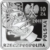 obverse of 10 Złotych - History of Polish Popular Music – Jeremi Przybora, Jerzy Wasowski - Square (2011) coin with Y# 802 from Poland.