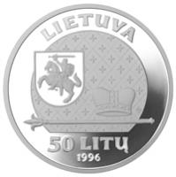 Lithuania coin 50 Litų - The Rulers of Lithuania - Gediminas, the Grand Duke of Lithuania (1996) obverse obverse of 50 Litų - The Rulers of Lithuania - Gediminas, the Grand Duke of Lithuania (1996) coin with KM# 103 from Lithuania. Inscription: LIETUVA 50 LITŲ 1996