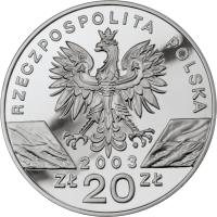 Poland coin 20 Złotych - Animals of the World: European Eel (Anguilla anguilla) (2003) obverse obverse of 20 Złotych - Animals of the World: European Eel (Anguilla anguilla) (2003) coin with Y# 449 from Poland.