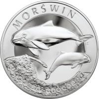 Poland coin 20 Złotych - Animals of the World: Porpoise (Phocoena phocoena) (2004) reverse reverse of 20 Złotych - Animals of the World: Porpoise (Phocoena phocoena) (2004) coin with Y# 515 from Poland. Inscription: MORSWIN - Phocoena phocoena