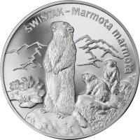 Poland coin 20 Złotych - Animals of the World: Marmot (Marmota marmota) (2006) reverse reverse of 20 Złotych - Animals of the World: Marmot (Marmota marmota) (2006) coin with Y# 535 from Poland. Inscription: SWISTAK - Marmota marmota