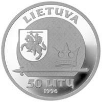 obverse of 50 Litų - The Rulers of Lithuania - Mindaugas, the King of Lithuania (1996) coin with KM# 102 from Lithuania. Inscription: LIETUVA 50 LITŲ 1996