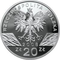 Poland coin 20 Złotych - Animals of the World: Peregrine falcon (Falco peregrinus) (2008) obverse obverse of 20 Złotych - Animals of the World: Peregrine falcon (Falco peregrinus) (2008) coin with Y# 637 from Poland. Inscription: RZECZPOSPOLITA POLSKA 2008 ZŁ 20 ZŁ