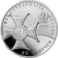 obverse of 20 Złotych - 90th Anniversary of Regaining Independence by Poland (2008) coin with Y# 651 from Poland.