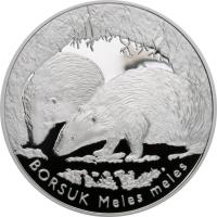 Poland coin 20 Złotych - Animals of the World – European Badger (Meles meles) (2011) reverse reverse of 20 Złotych - Animals of the World – European Badger (Meles meles) (2011) coin with Y# 763 from Poland. Inscription: BORSUK meles meles