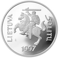 obverse of 50 Litų - 450th Anniversary of the first Lithuanian book (1997) coin with KM# 104 from Lithuania. Inscription: LIETUVA 50 LITŲ 1997