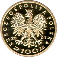 obverse of 100 Złotych - Polish Kings and Princes: Władysław I Łokietek (1320-1333) (2001) coin with Y# 416 from Poland.