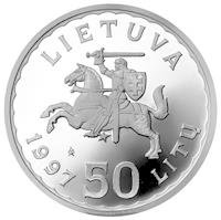 Lithuania coin 50 Litų - 600th Anniversary of the settling down of Karaims and Tatars in Lithuania (1997) obverse obverse of 50 Litų - 600th Anniversary of the settling down of Karaims and Tatars in Lithuania (1997) coin with KM# 105 from Lithuania. Inscription: LIETUVA 1997 50 LITŲ
