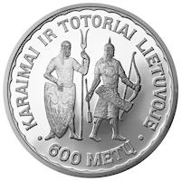 reverse of 50 Litų - 600th Anniversary of the settling down of Karaims and Tatars in Lithuania (1997) coin with KM# 105 from Lithuania. Inscription: KARAIMAI IR TOTORIAI LIETUVOJE 600 METŲ