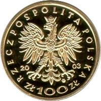 obverse of 100 Złotych - Polish Kings and Princes: Władysław III Warneńczyk (1434-1444) (2003) coin with Y# 454 from Poland.