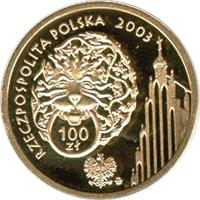 obverse of 100 Złotych - 750th anniversary of the granting municipal rights to Poznań (2003) coin with Y# 466 from Poland.