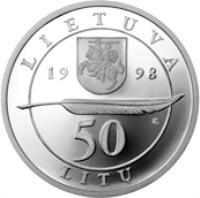 obverse of 50 Litų - 200th birth Anniversary of Adam Mickiewicz (Adomas Mickevičius) (1998) coin with KM# 114 from Lithuania. Inscription: LIETUVA 1998 50 LITŲ