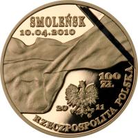 Poland coin 100 Złotych - In Memory of the Victims of the 10 April 2010 Presidential Plane Crash in Smolensk (2011) obverse obverse of 100 Złotych - In Memory of the Victims of the 10 April 2010 Presidential Plane Crash in Smolensk (2011) coin with Y# 766 from Poland.