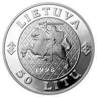 obverse of 50 Litų - The Rulers of Lithuania - Algirdas, the Grand Duke of Lithuania (1998) coin with KM# 110 from Lithuania. Inscription: LIETUVA 50 LITŲ 1998